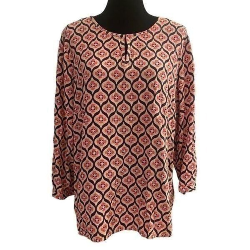 Talbots‎ Pink, White, and Navy Floral Geometric Print Top with Long Sleeve Sz XL
